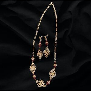Vintage Matching Red Swarovski Crystal Dangle Earrings & Victorian Necklace Set
